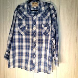 Vintage Wrangler Mens Western Pearl Snap Long Sleeve Blue Plaid Dress Shirt 2XL